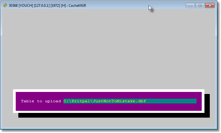 <Upload a DbfCDX>, if invoked, presents this screen which is a request to provide full path to the .dbf which has to be uploaded to Cache. Note that by default a non-extent path is contained in the field, just in case... 