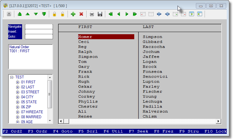 After invoking <Browse a Table> with TEST as table name, you will see the created index entry right below <Natural Order> on left-hand list of indexes (center object). 