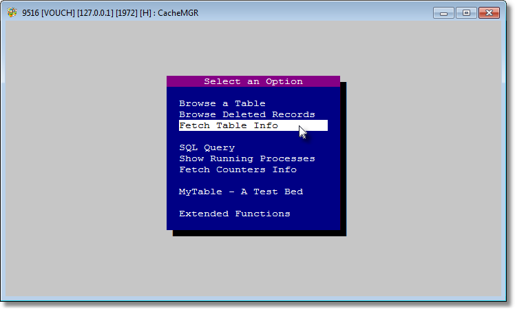 The another option <Fetch Table Info> can be important. This option consumes function CacheGetTableInfoByName( cTable ). The result is displayed on next screen.